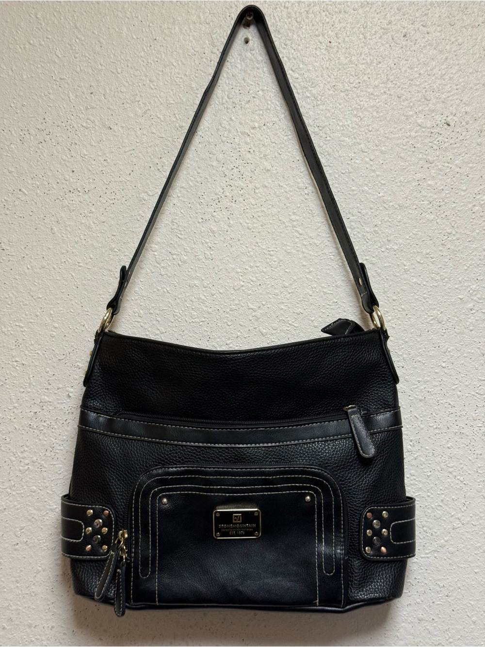 Stone Mountain Black Leather Shoulder Bag with Studc accents limited edition 40